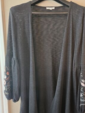 Maurices Black Open-Front Cardigan with Floral Embroidered Sleeves